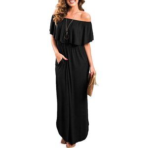 Women's Cotton Spandex Off the Shoulder Maxi Dress Pockets Casual Beach